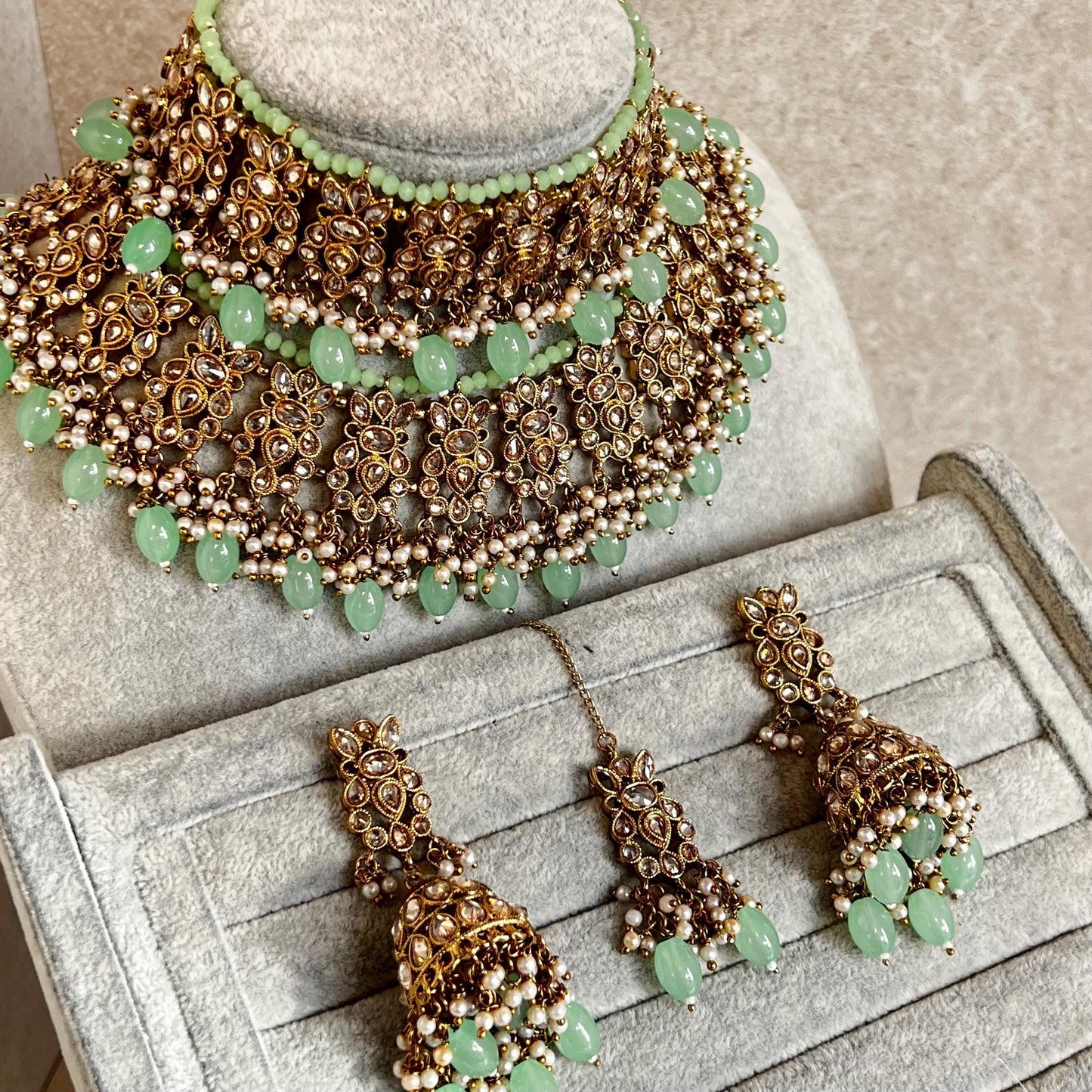 Mint Green Choker Necklace Bridal Set ,Antique gold with Champagne Crystals- Indian/ Pakistani Style/Bridal set/Wedding/Jhumka Earring Tikka