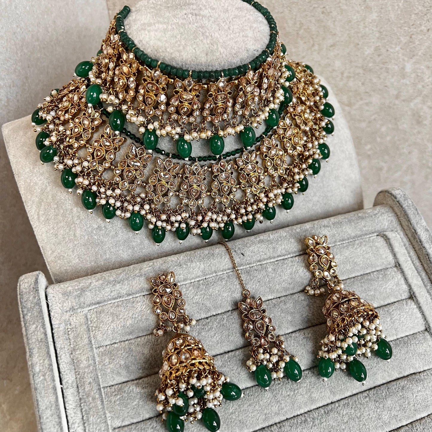 Green Choker Necklace Bridal Set ,Antique gold with Champagne Crystals- Indian/ Pakistani Style/Bridal set/Wedding/Jhumka Earring Tikka