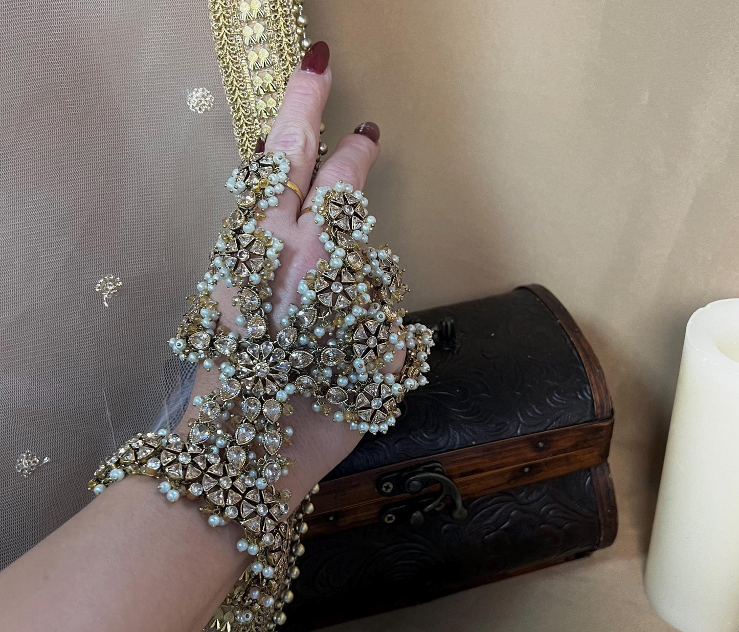 Champagne/Goldplated 5 Ring Hand Harness/ Hathpool/Fashion Jewellery/Gold Hathpool/Indian/Pakistani style /Haathphool/Hand Accessory