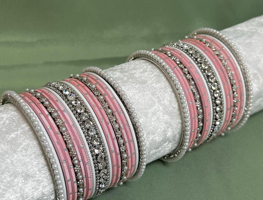 Mini Pink, White & Silver Bangle Set/Indian/Pink Bangle Set/ White Bangle Set/ Silver Bangle Set/ Pakistani/Jewellery/ Fashion Bracelet