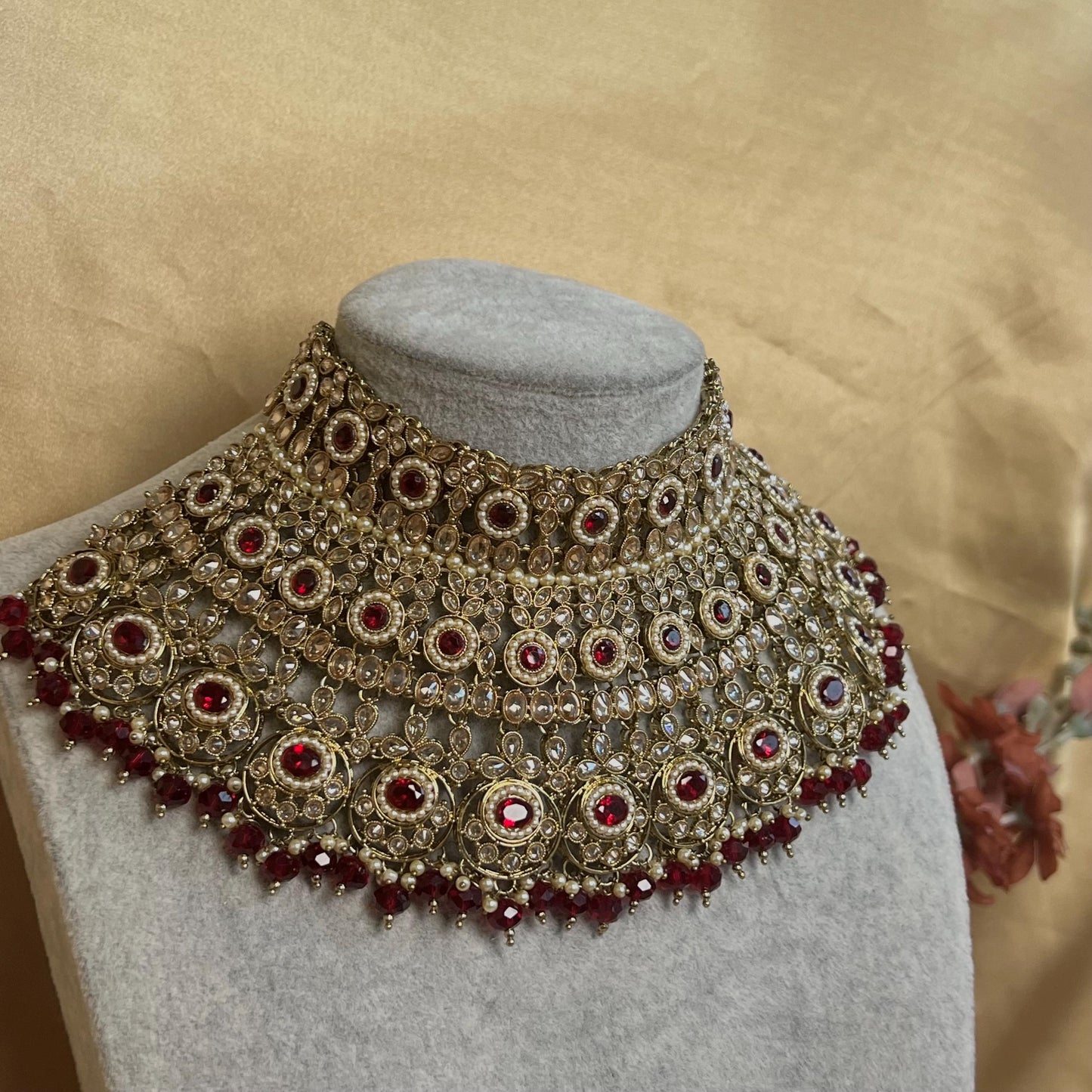 Maroon & Champagne  Bridal Choker Necklace set with Jhumka Earring and Tikka/ Indian/ Pakistani Style/ Wedding/ Antique Gold