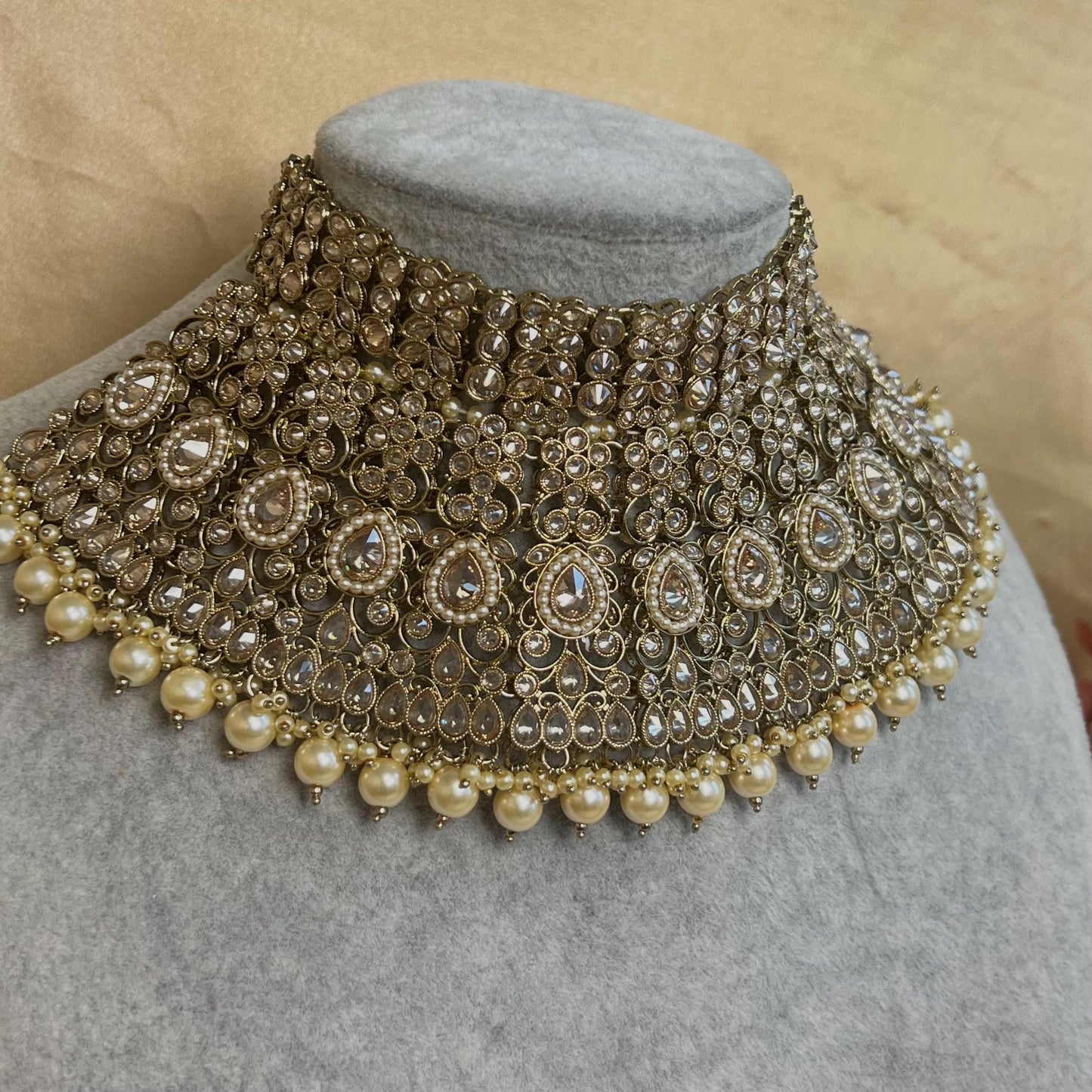 Champagne & Antique Gold Full Bridal set Indian/ Pakistani Style/ Wedding/ Fashion Jewellery/ Necklace set