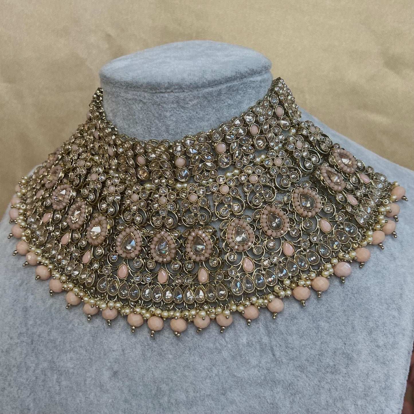 Peach & Champagne Bridal Set/ Pakistani Style With Choker, Necklace, Earring/Mala/ Long Necklace/ Haar/ Jhumar/ Jhoomar/Wedding