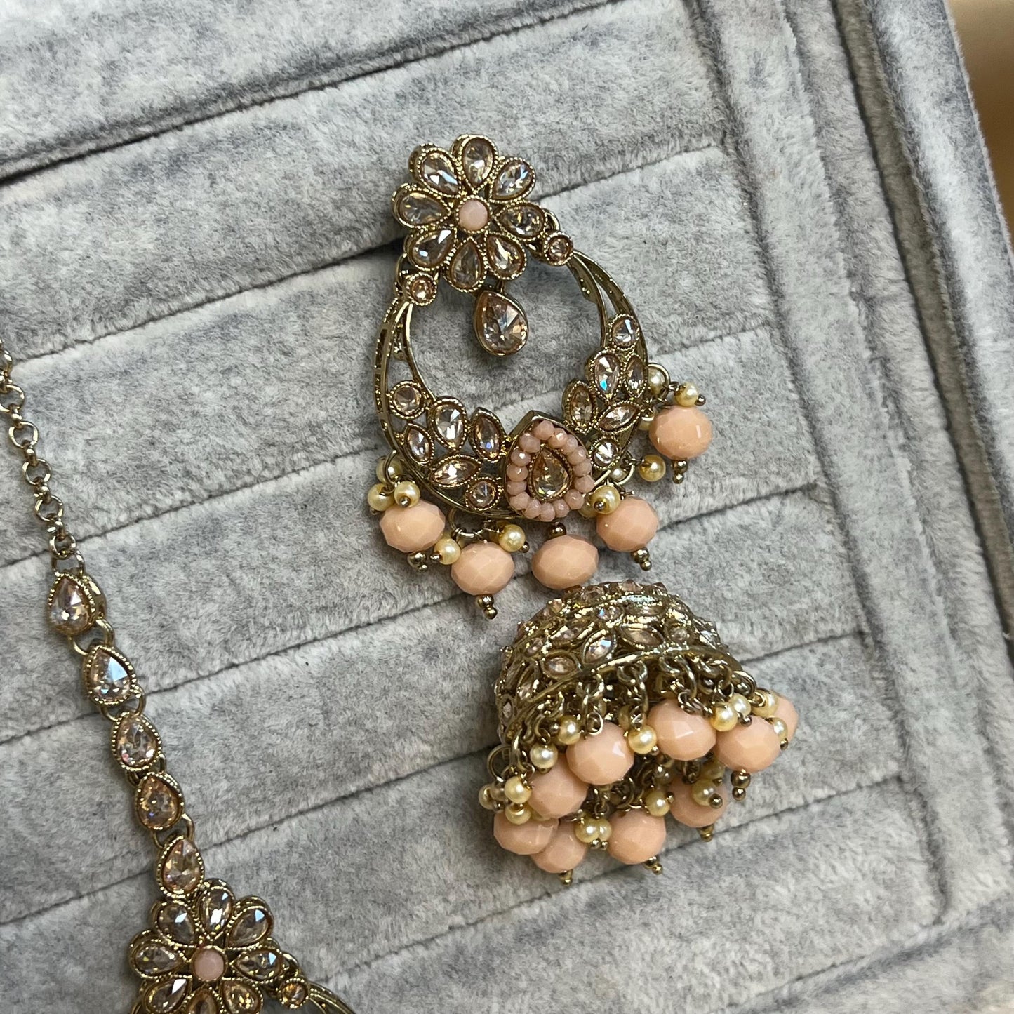 Peach & Champagne Bridal Set/ Pakistani Style With Choker, Necklace, Earring/Mala/ Long Necklace/ Haar/ Jhumar/ Jhoomar/Wedding