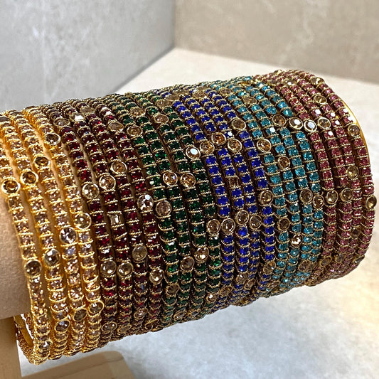 Set of 4 Rhinestone Bangles - Antique Gold Base/ Golden Stones Indian/ Pakistani/Jewelley/ Fashion Bracelet/2.8 only / Choose Colour