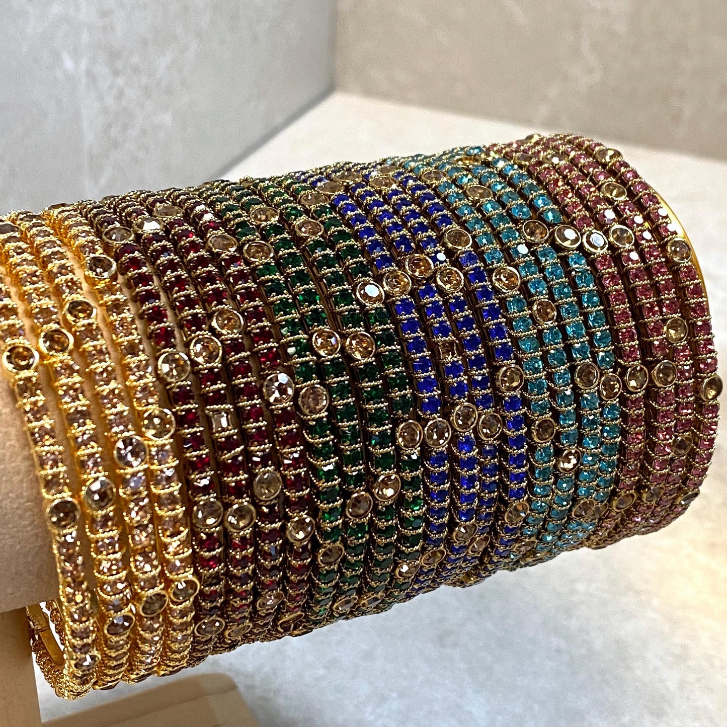 Set of 4 Rhinestone Bangles - Antique Gold Base/ Golden Stones Indian/ Pakistani/Jewelley/ Fashion Bracelet/2.8 only / Choose Colour