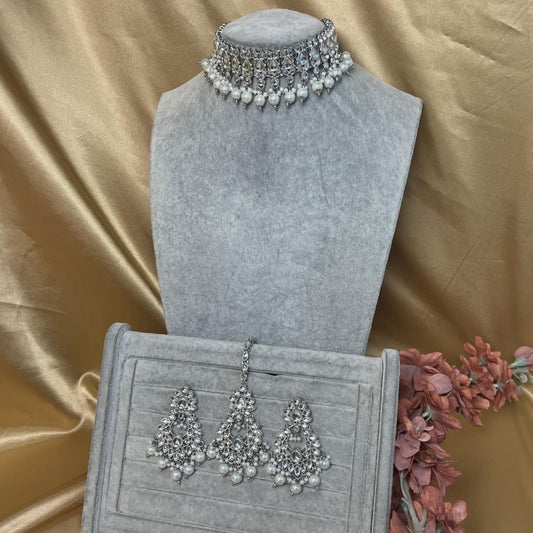 Silver Mirror Choker Set/Indian Chokers/Silver Choker/ Pakistani/Jewellery/Indian Choker Set/Gift for women/Mirror Choker Set