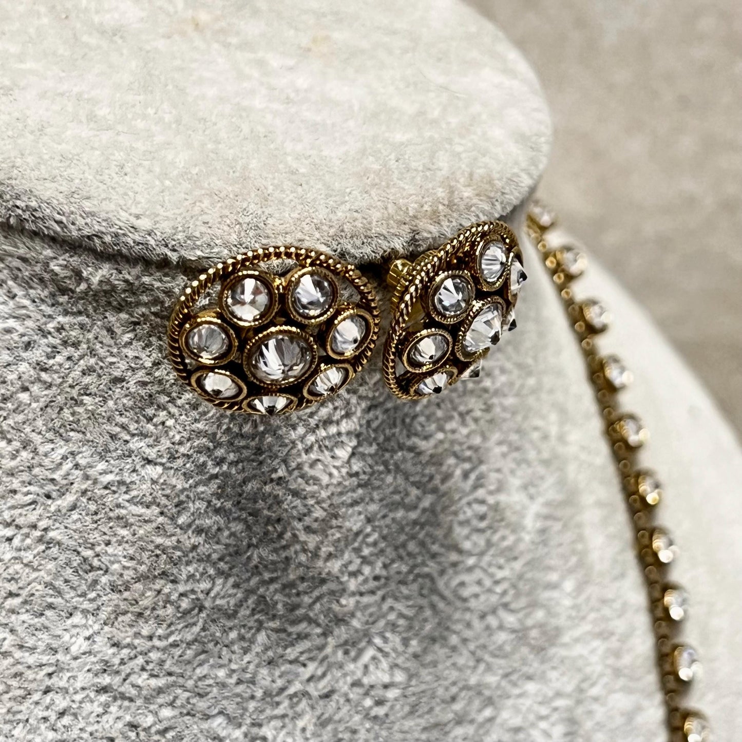 Champagne or Clear Long Necklace and Earring set/Antique Gold with Zircon Crystal and Stud earring. No Tikka/ Pakistani/ Indian Fashion Set