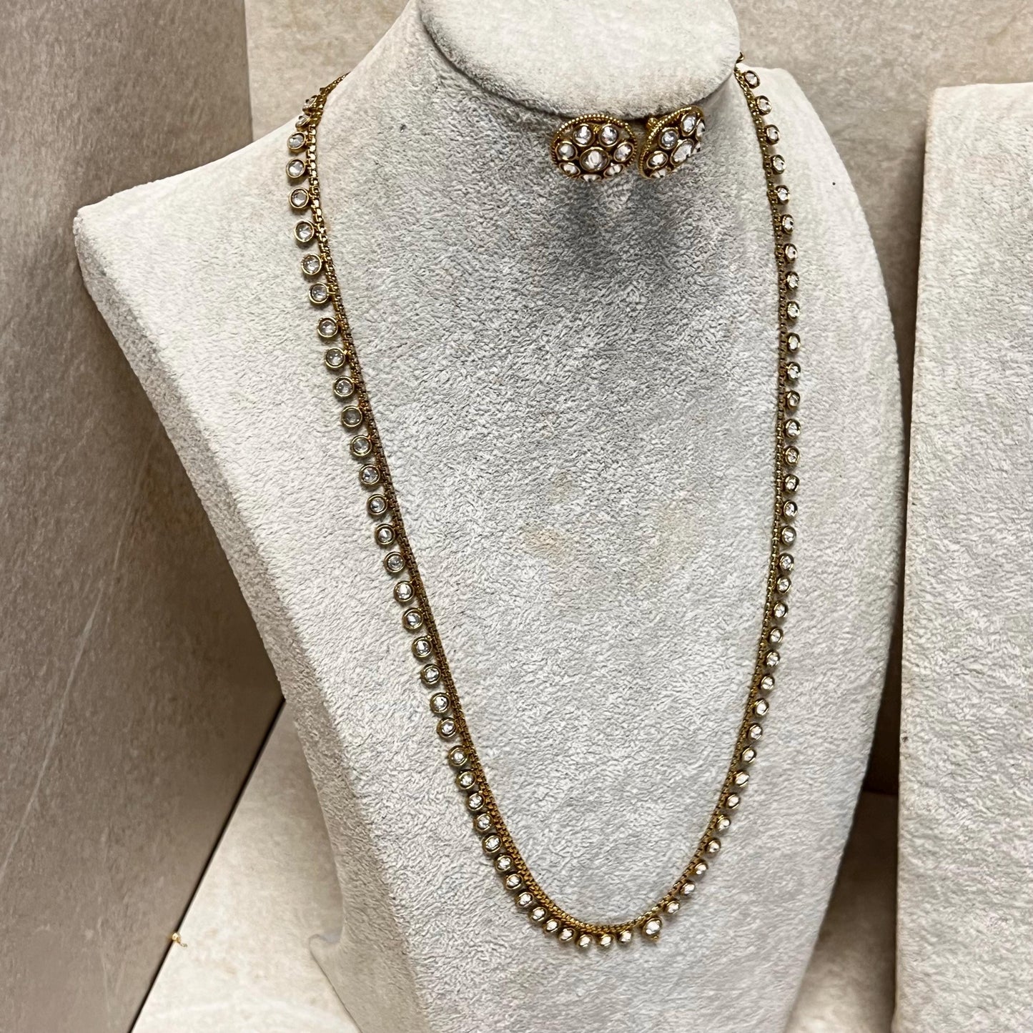 Champagne or Clear Long Necklace and Earring set/Antique Gold with Zircon Crystal and Stud earring. No Tikka/ Pakistani/ Indian Fashion Set