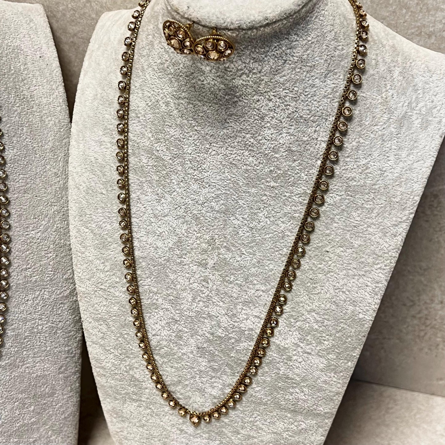 Champagne or Clear Long Necklace and Earring set/Antique Gold with Zircon Crystal and Stud earring. No Tikka/ Pakistani/ Indian Fashion Set