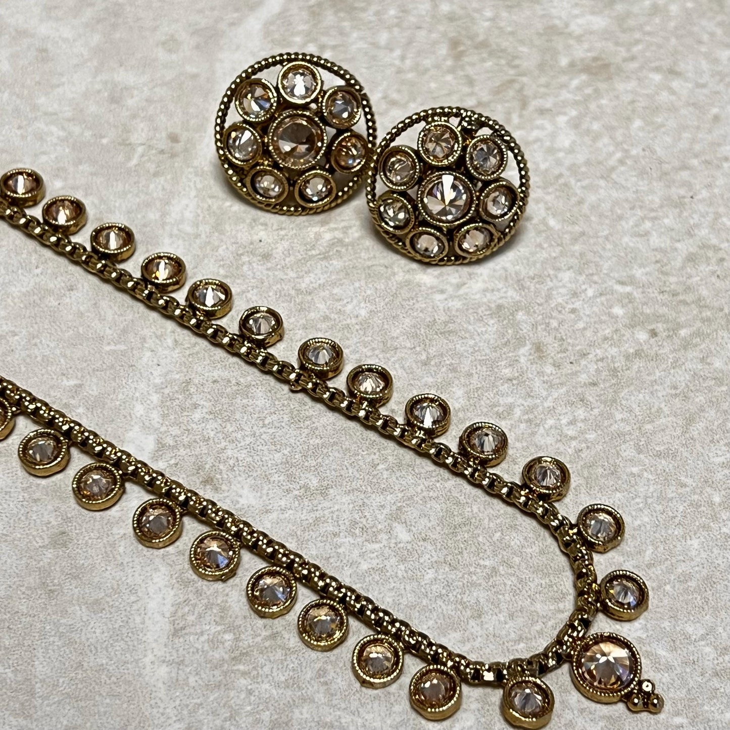 Champagne or Clear Long Necklace and Earring set/Antique Gold with Zircon Crystal and Stud earring. No Tikka/ Pakistani/ Indian Fashion Set