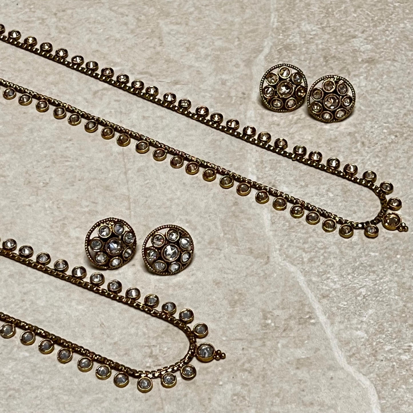 Champagne or Clear Long Necklace and Earring set/Antique Gold with Zircon Crystal and Stud earring. No Tikka/ Pakistani/ Indian Fashion Set