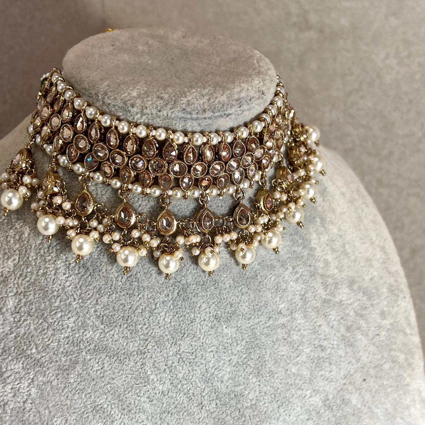 Pearl Antique Gold Crystal Choker Only, Antique gold with Champagne Zircon Crystals- Indian/ Pakistani Style/Bridal set/Wedding/ Gold