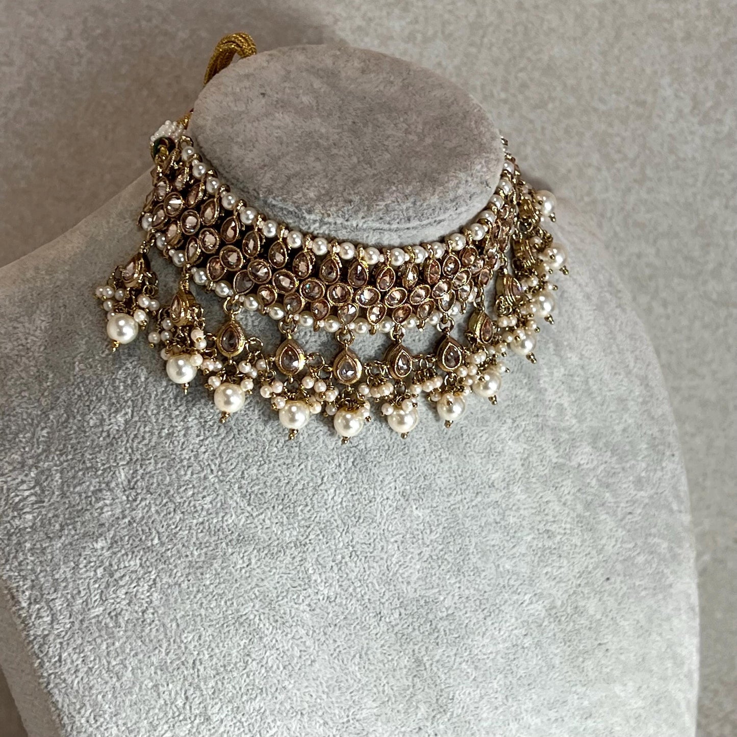 Pearl Antique Gold Crystal Choker Only, Antique gold with Champagne Zircon Crystals- Indian/ Pakistani Style/Bridal set/Wedding/ Gold