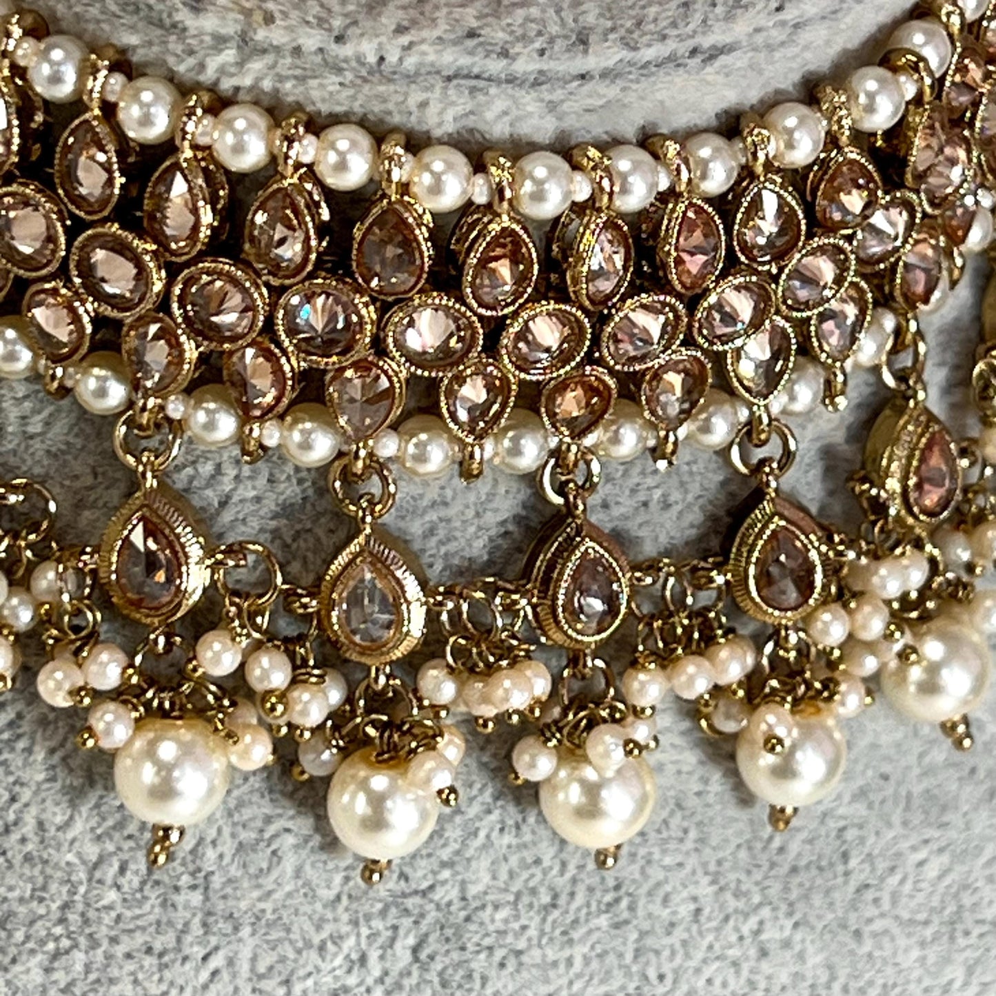 Pearl Antique Gold Crystal Choker Only, Antique gold with Champagne Zircon Crystals- Indian/ Pakistani Style/Bridal set/Wedding/ Gold