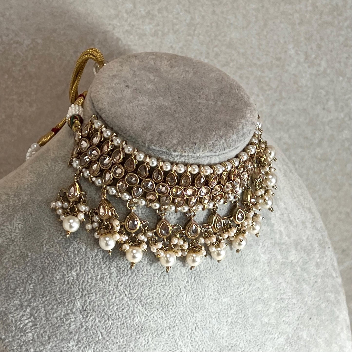 Pearl Antique Gold Crystal Choker Only, Antique gold with Champagne Zircon Crystals- Indian/ Pakistani Style/Bridal set/Wedding/ Gold