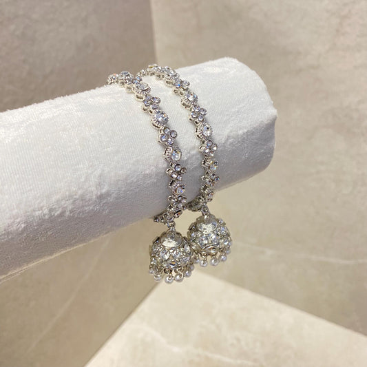 Silver Jhumka Bangles (Pair)/Indian/ Pakistani/Jewelley/ Fashion Bracelet/ 2.4 Rhinestone Lightweight /Gift