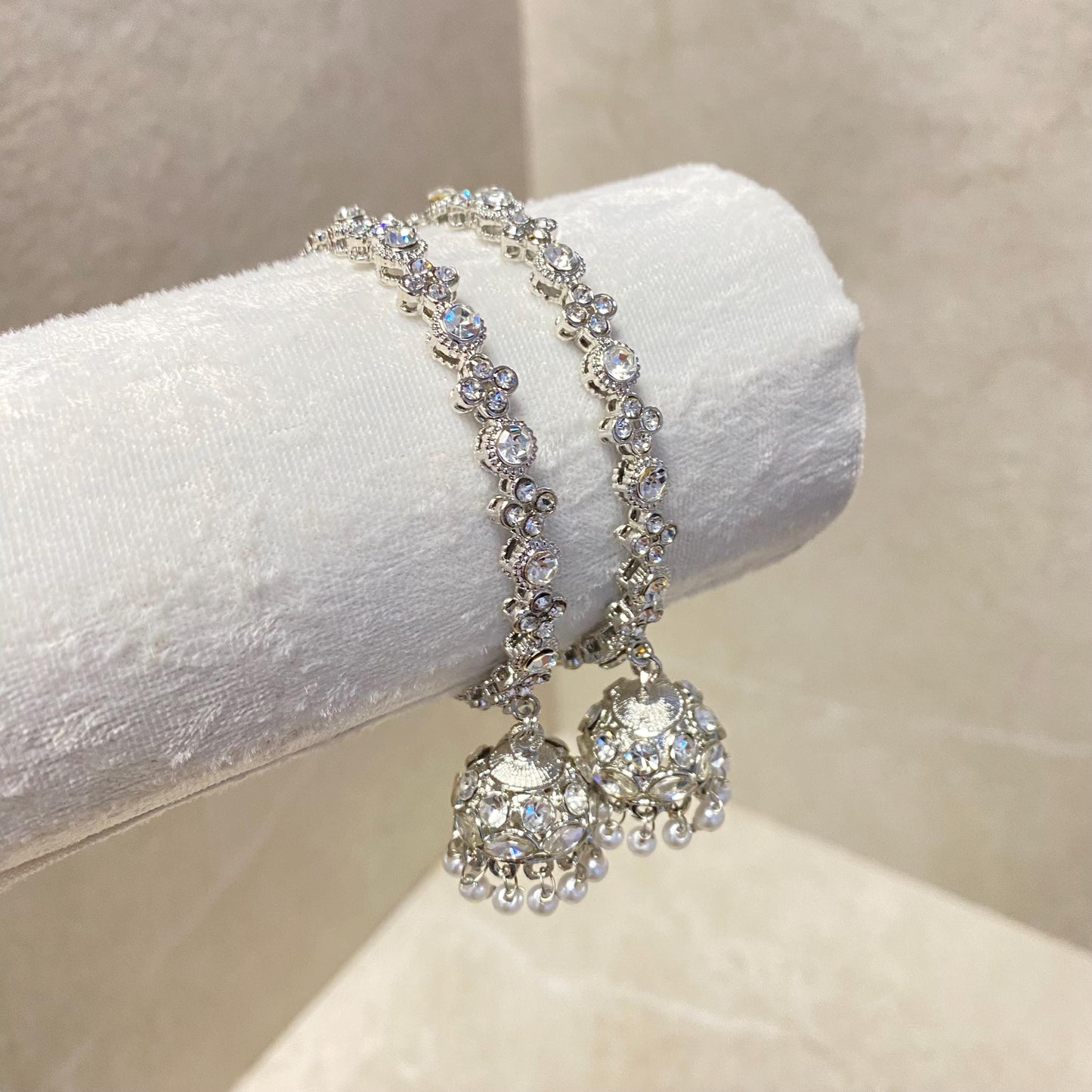 Silver Jhumka Bangles (Pair)/Indian/ Pakistani/Jewelley/ Fashion Bracelet/ 2.4 Rhinestone Lightweight /Gift