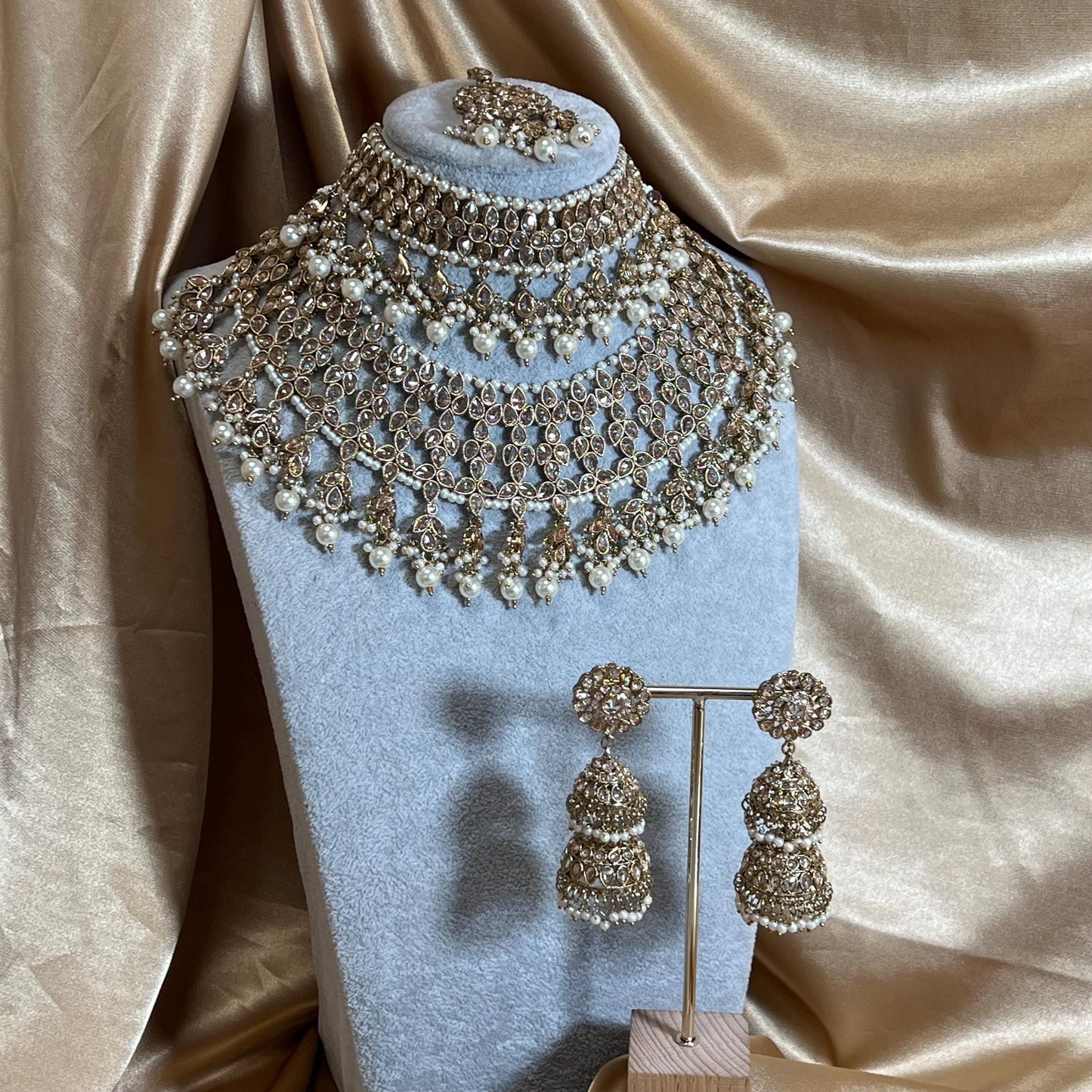 Pearl Double Bridal Set , Antique gold with Champagne Zircon Crystals- Indian/ Pakistani Style/Bridal set/Wedding/ Gold/ Jhumka earring