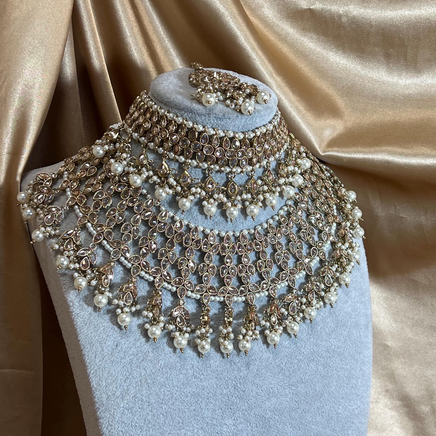 Pearl Double Bridal Set , Antique gold with Champagne Zircon Crystals- Indian/ Pakistani Style/Bridal set/Wedding/ Gold/ Jhumka earring