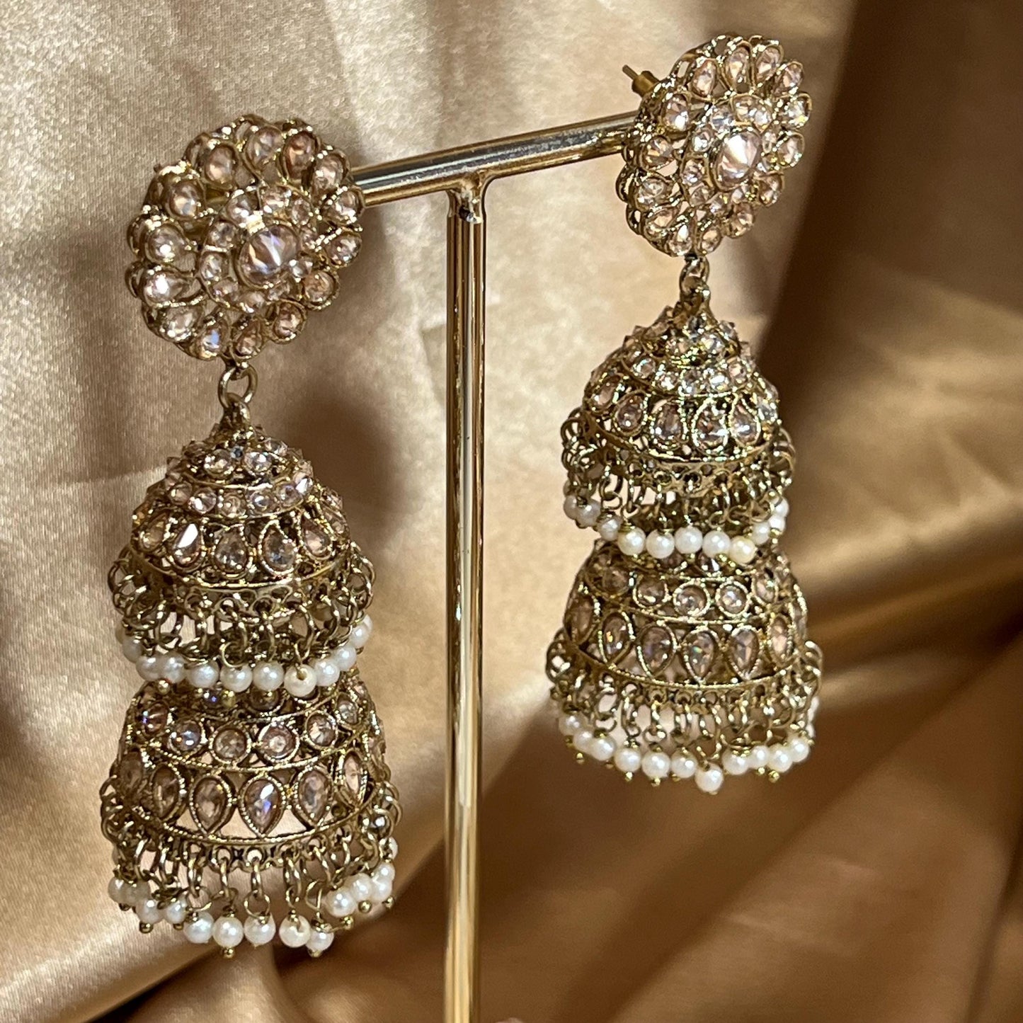 Pearl Double Bridal Set , Antique gold with Champagne Zircon Crystals- Indian/ Pakistani Style/Bridal set/Wedding/ Gold/ Jhumka earring