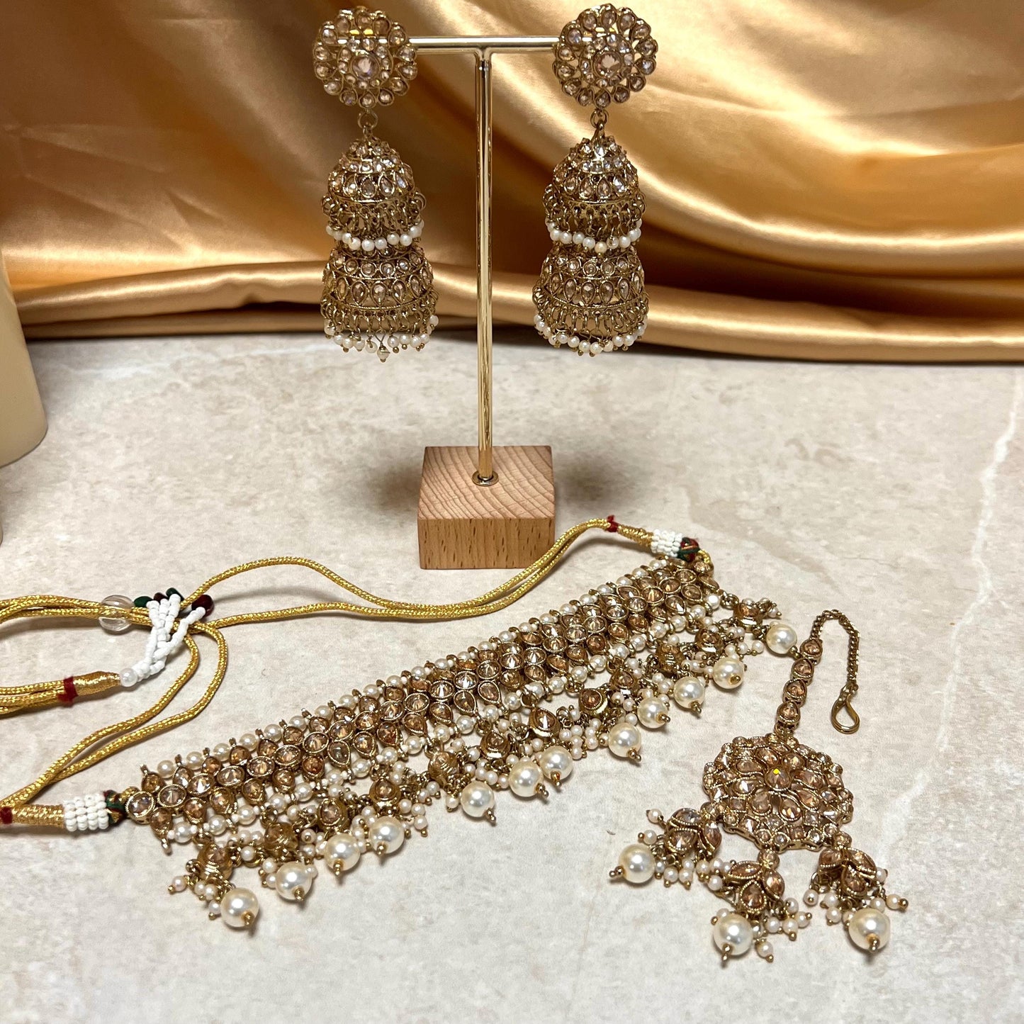 Pearl Choker Bridal Set , Antique gold with Champagne Zircon Crystals- Indian/ Pakistani Style/Bridal set/Wedding/ Gold/ Jhumka earring