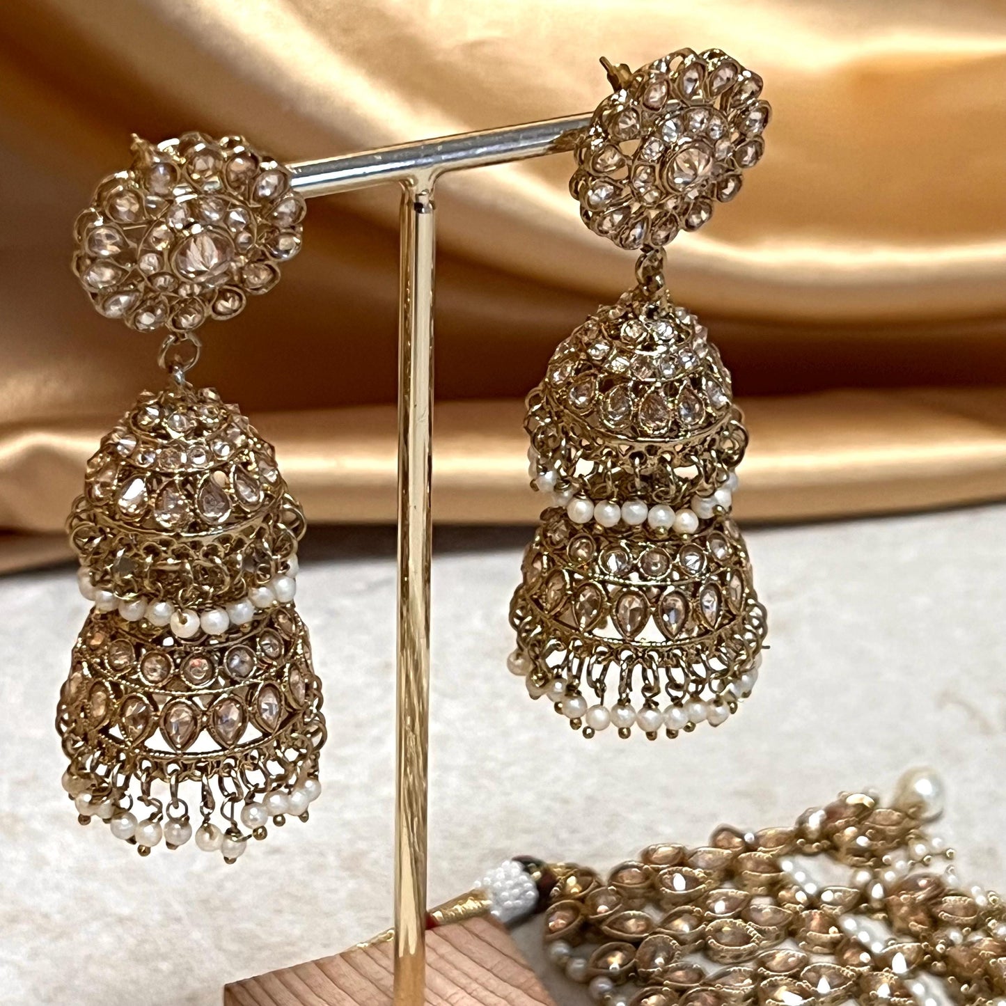 Pearl Jhumka Earring, Antique gold with Champagne Zircon Crystals- Indian/ Pakistani Style/Bridal set/Wedding/ Gold/ Jhumka earring