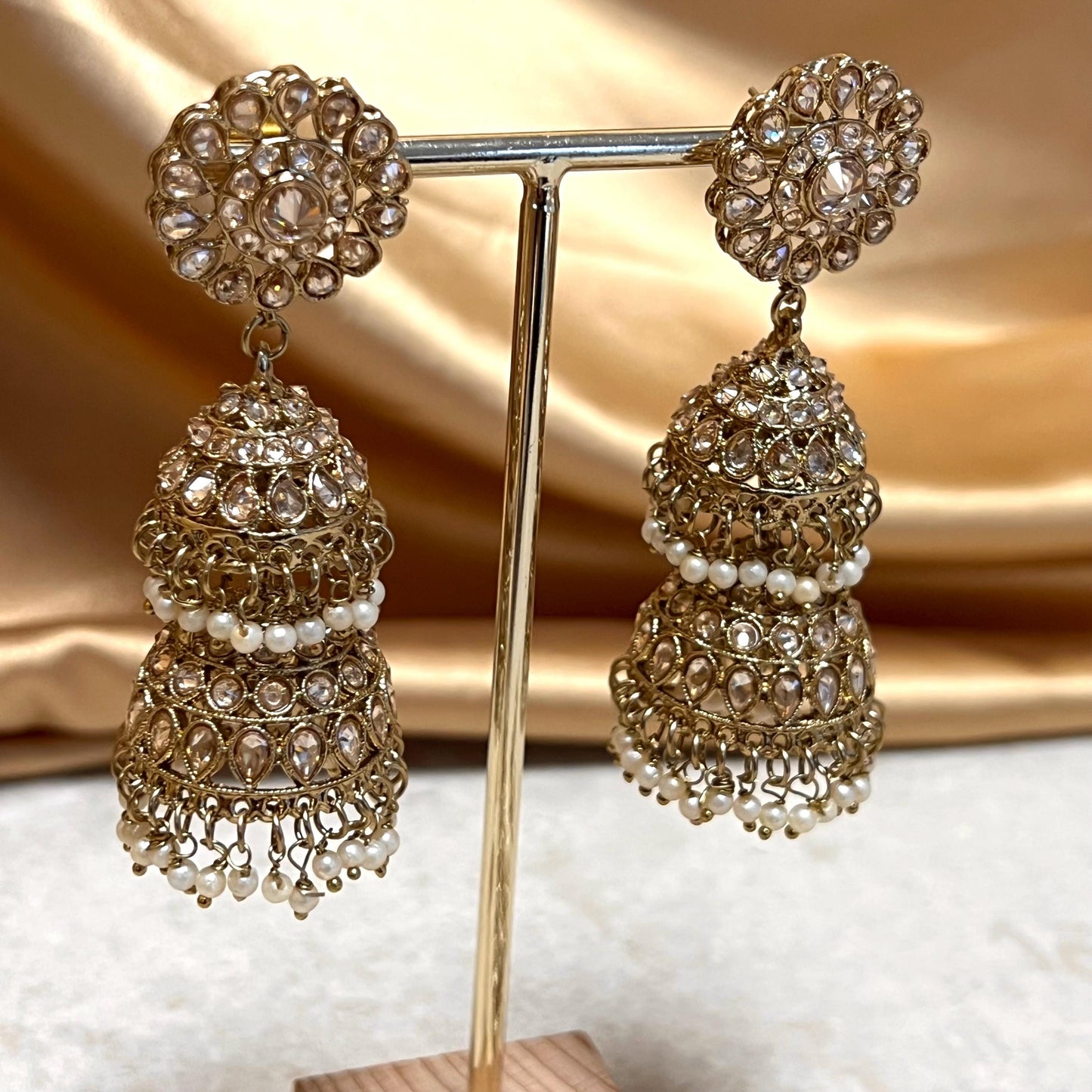 Pearl Jhumka Earring, Antique gold with Champagne Zircon Crystals- Indian/ Pakistani Style/Bridal set/Wedding/ Gold/ Jhumka earring