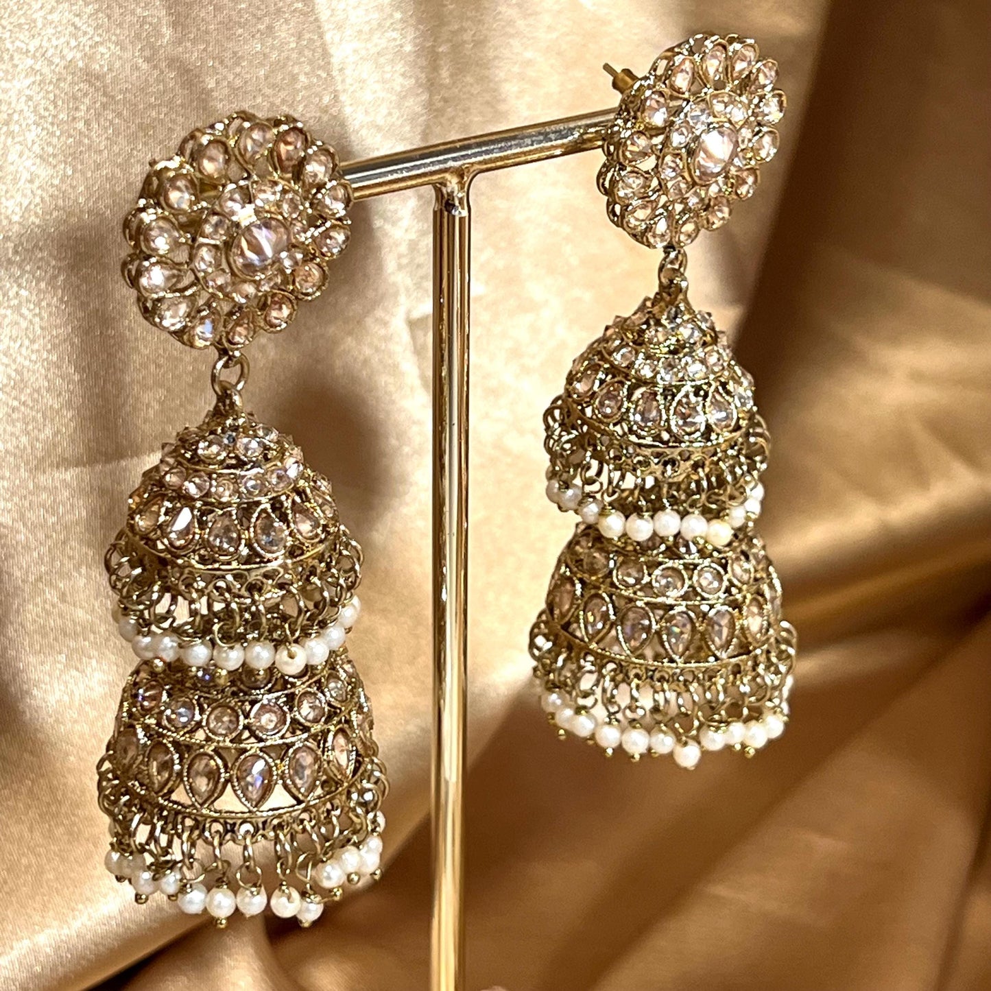 Pearl Jhumka Earring, Antique gold with Champagne Zircon Crystals- Indian/ Pakistani Style/Bridal set/Wedding/ Gold/ Jhumka earring