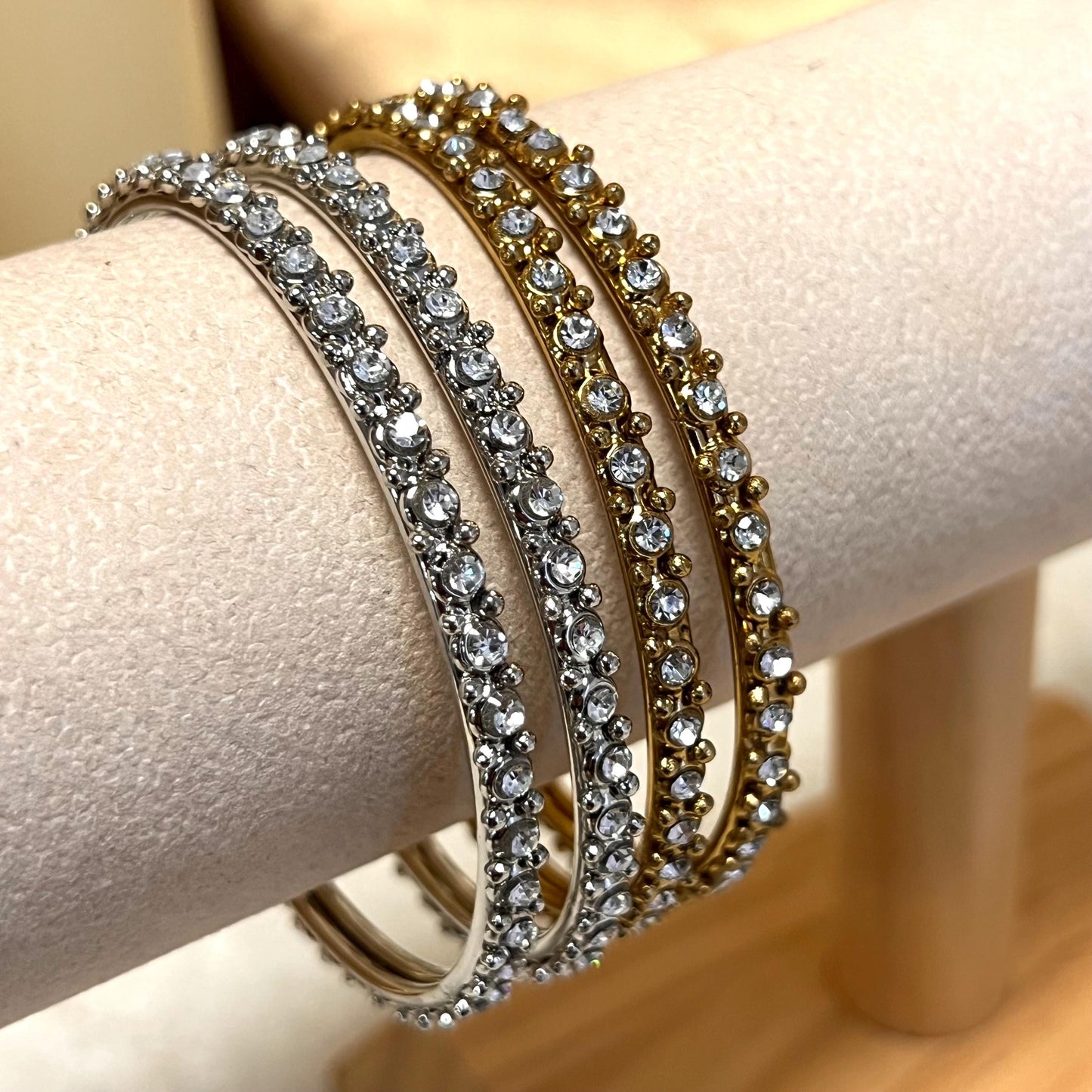 Set of 4 Antique Gold Clear and Silver Rhinestone/ Bangles/Indian/ Pakistani/Jewelley/ Fashion Bracelet/ 2.8 only