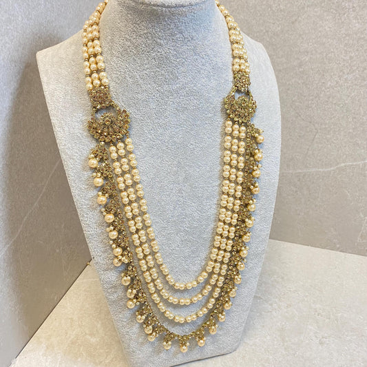 Pearl Golden rhinestone Long Mala/ Haar/ Long Necklace/ Unique Style/ Indian/ Pakistani/Fashion Jewellery/ Gift for Women