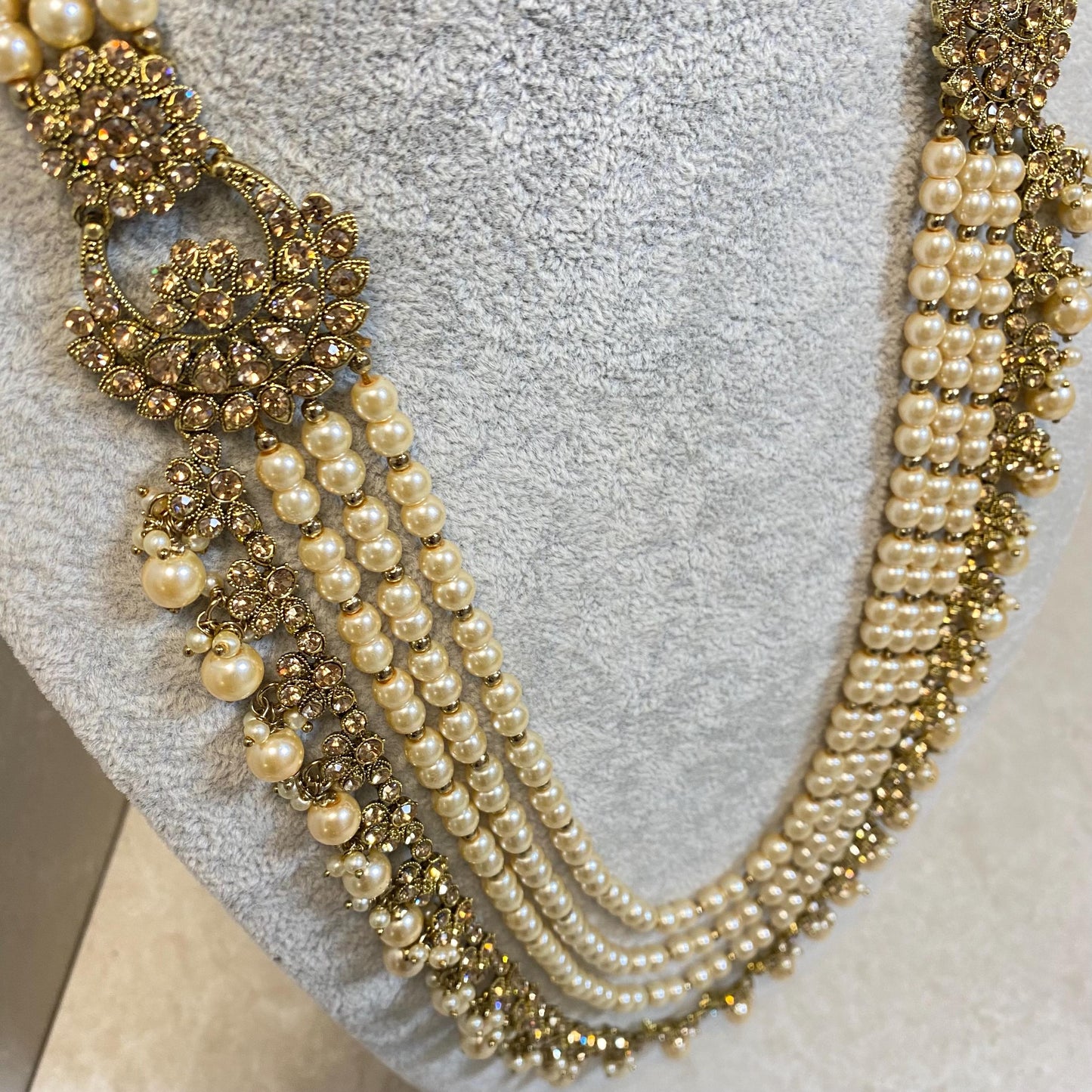Pearl Golden rhinestone Long Mala/ Haar/ Long Necklace/ Unique Style/ Indian/ Pakistani/Fashion Jewellery/ Gift for Women