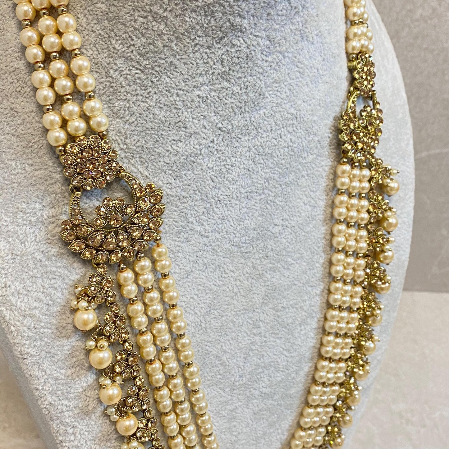 Pearl Golden rhinestone Long Mala/ Haar/ Long Necklace/ Unique Style/ Indian/ Pakistani/Fashion Jewellery/ Gift for Women