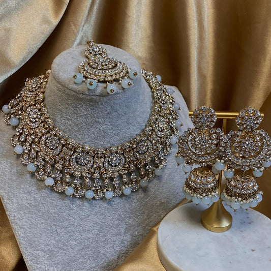 Blue Necklace Set Jhumka  Earring/ Tikka/ Tikli/ Indian/ Pakistani/Fashion Jewellery/ Gift for Women/ Antique Gold with Clear Rhinestones