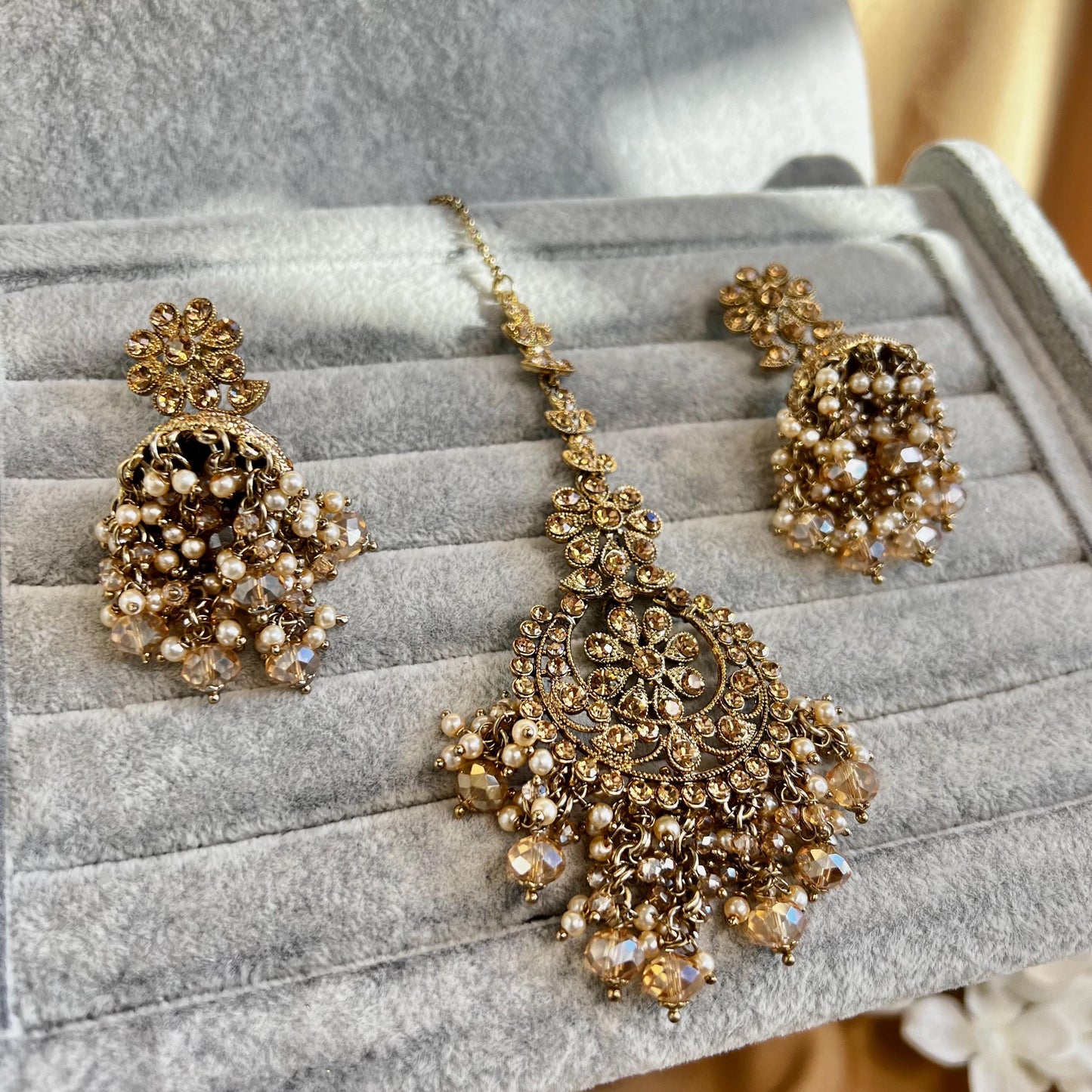 Golden Indian Choker Set/Golden Chokers/Gold Jhumkas/ Chamapagne Choker Set/ Pakistani/Fashion Jewellery/ Gift for Women