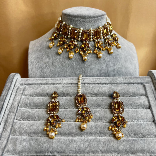 Antique Gold & Champagne Bridal Choker Set - Slightly Imperfect