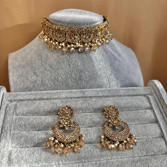 Gold & Champagne Indian Choker Set/Indian Jewellery Set/Indian Golden Set/Pakistani Jewellery/Fashion Jewellery
