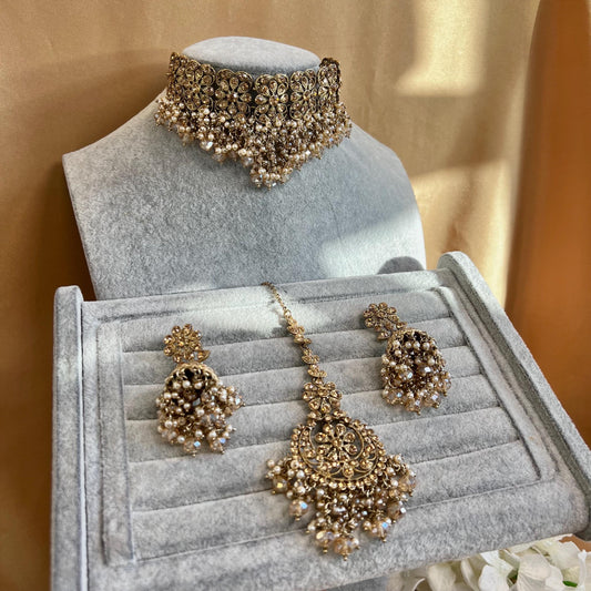 Golden Indian Choker Set/Golden Chokers/Gold Jhumkas/ Chamapagne Choker Set/ Pakistani/Fashion Jewellery/ Gift for Women