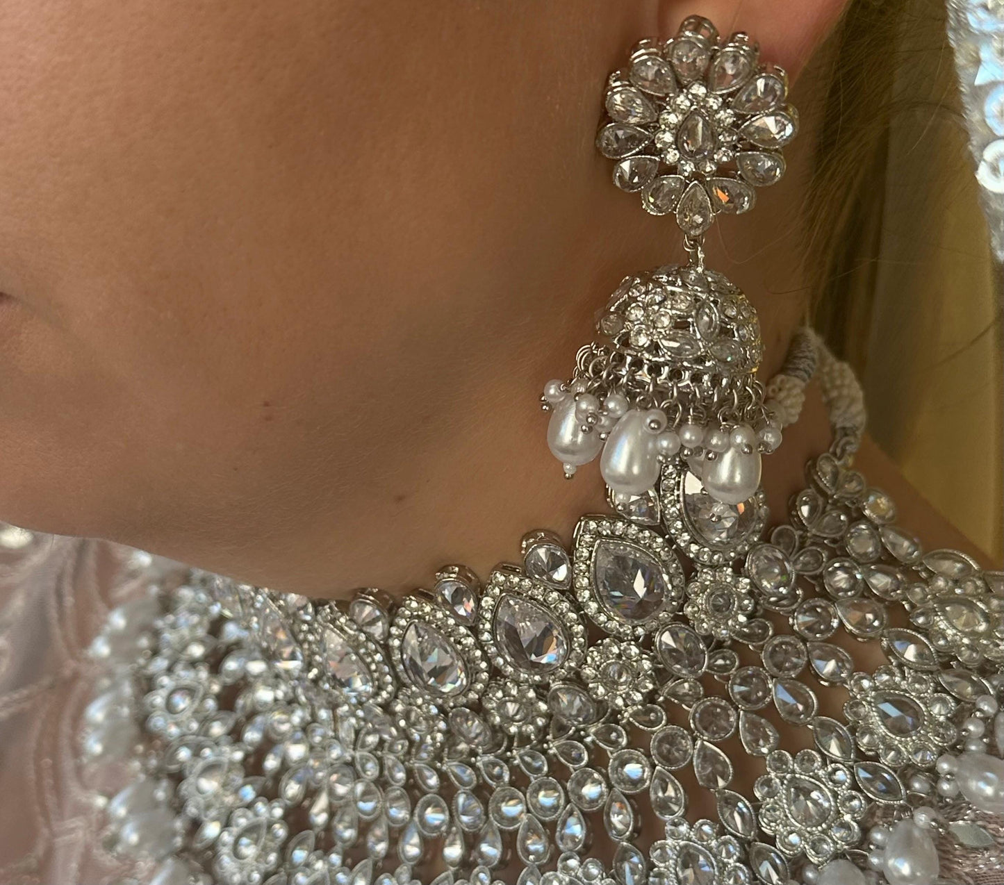 Silver Bridal Set - Pearl Indian/ Pakistani Style With Jhumka earring, Tikka/Tikli/ Wedding/ Fashion Jewellery/ Necklace set