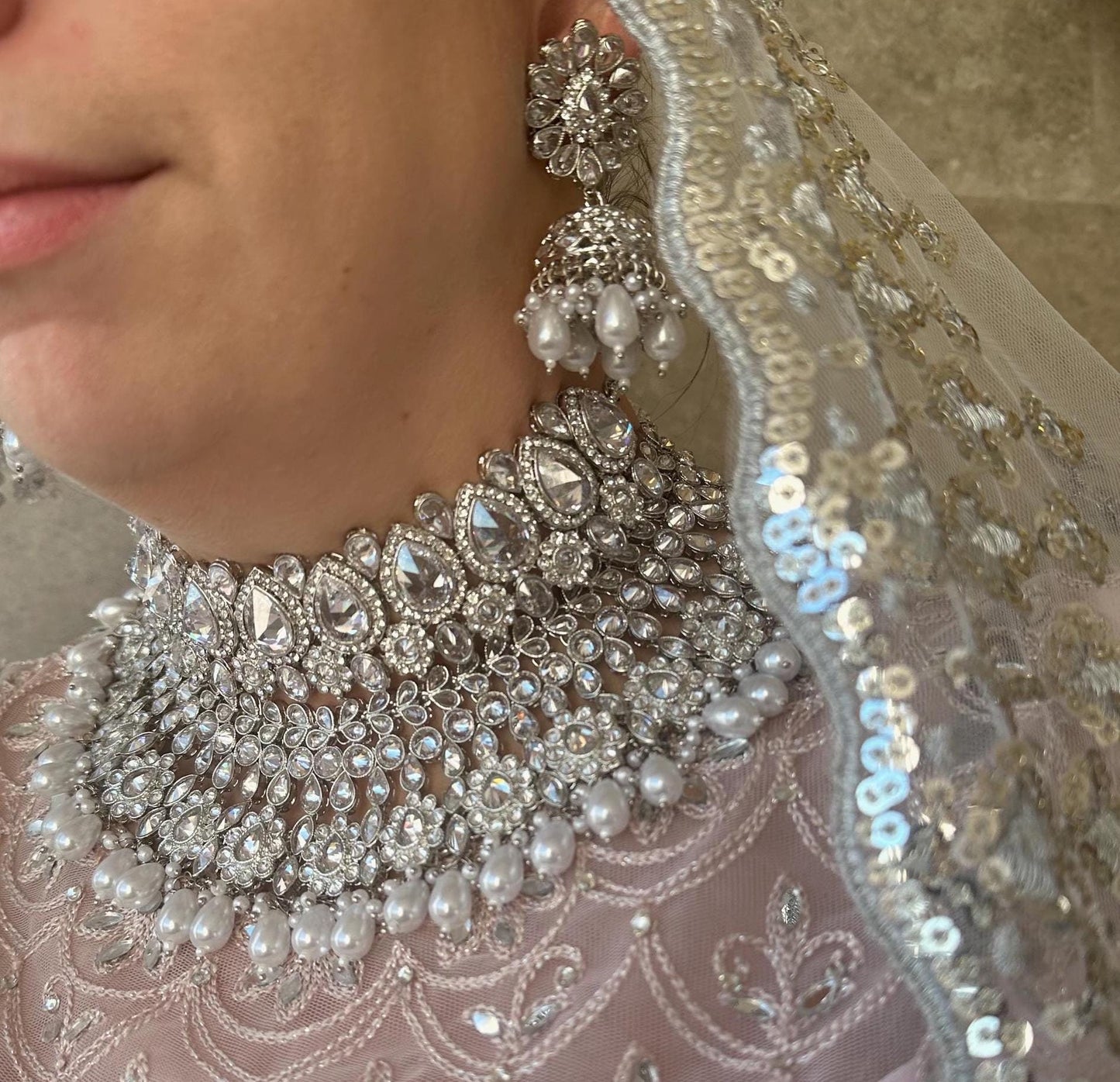 Silver Bridal Set - Pearl Indian/ Pakistani Style With Jhumka earring, Tikka/Tikli/ Wedding/ Fashion Jewellery/ Necklace set