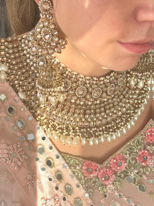 Antique gold & Champagne Double Bridal necklace set/Indian/ Pakistani Style/Wedding/Earring/Tikka