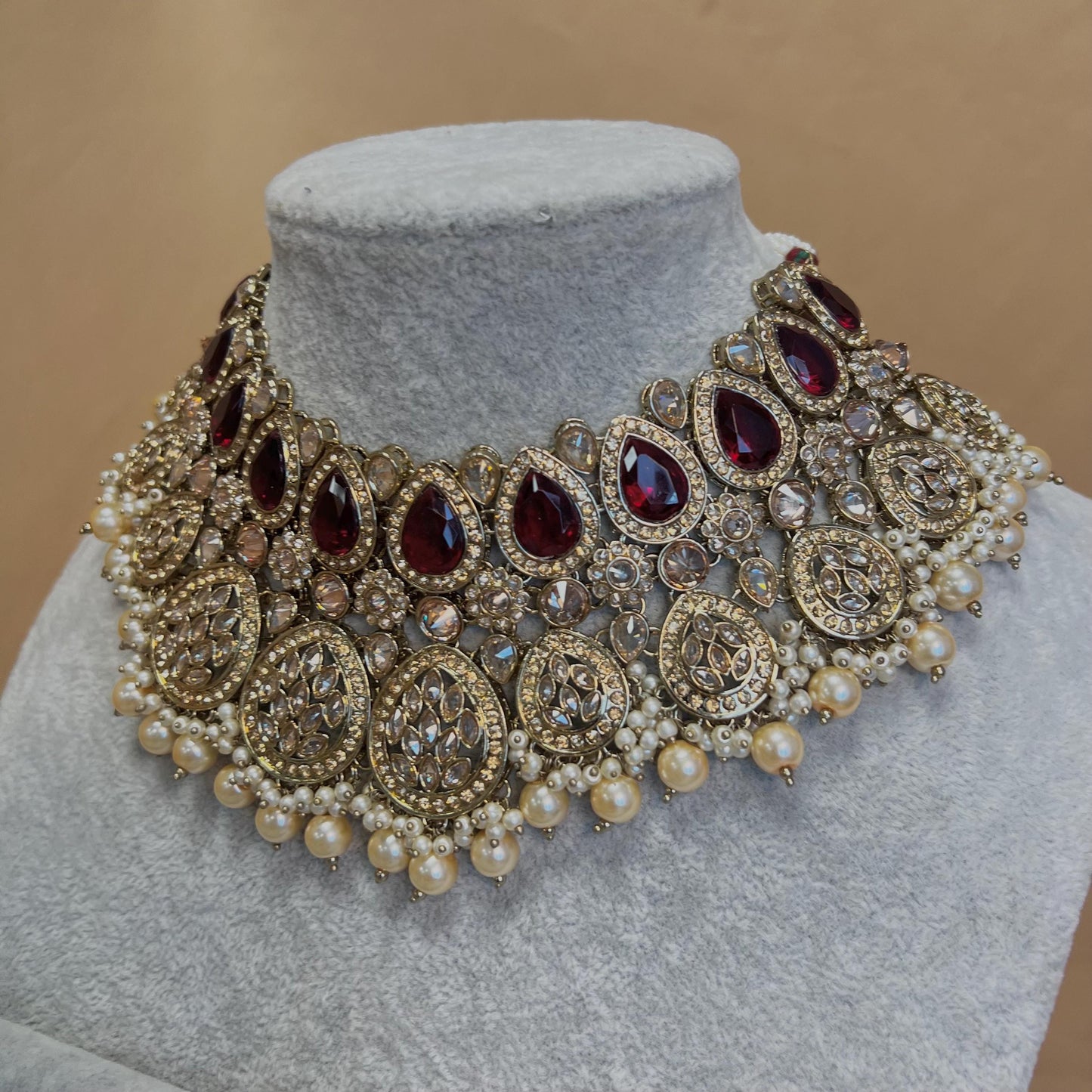 Maroon Bridal Choker Necklace set with Earring, Tikka and Jhumar Indian/ Pakistani Style/ Wedding/ Antique Gold/ Champagne Crystals
