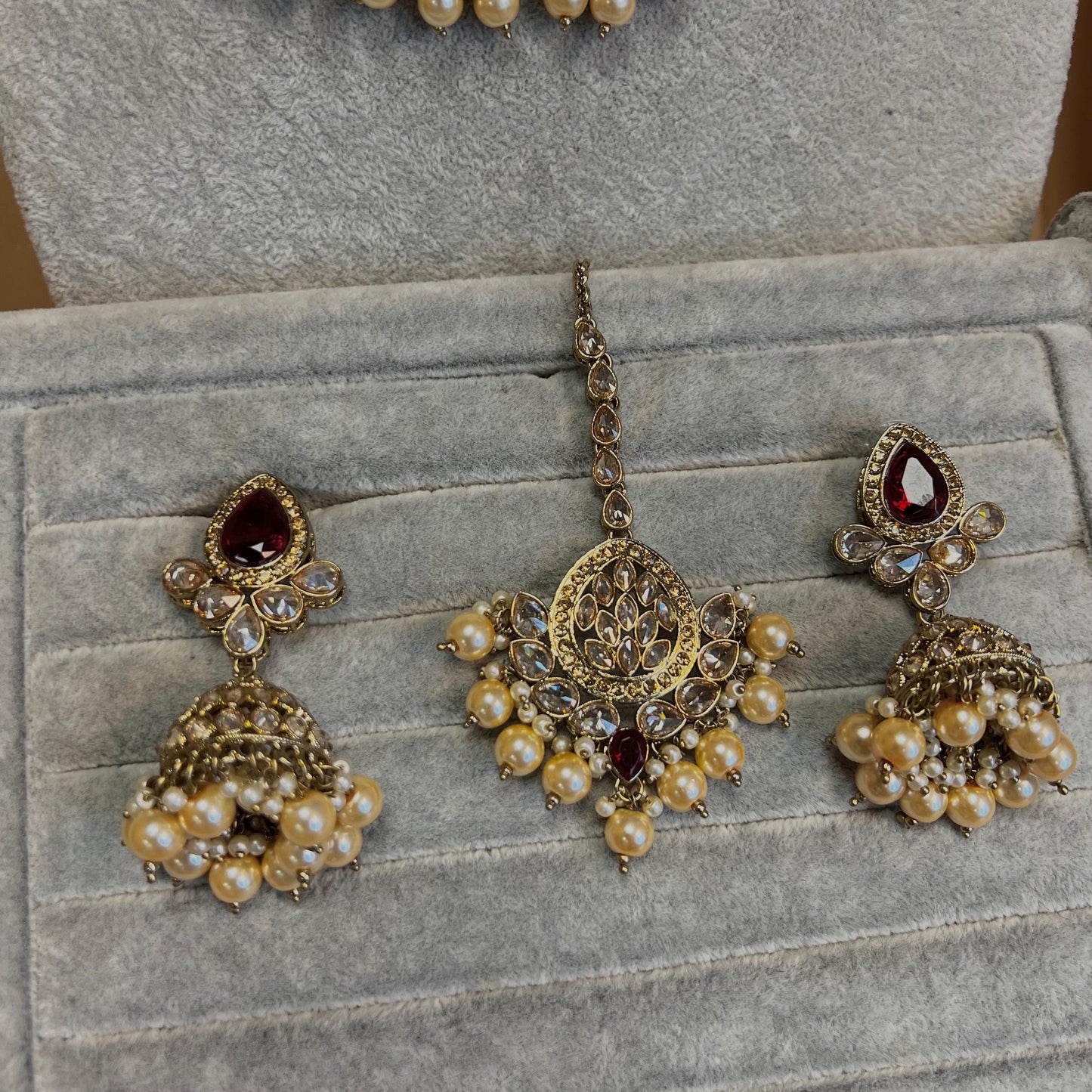 Maroon Bridal Choker Necklace set with Earring, Tikka and Jhumar Indian/ Pakistani Style/ Wedding/ Antique Gold/ Champagne Crystals