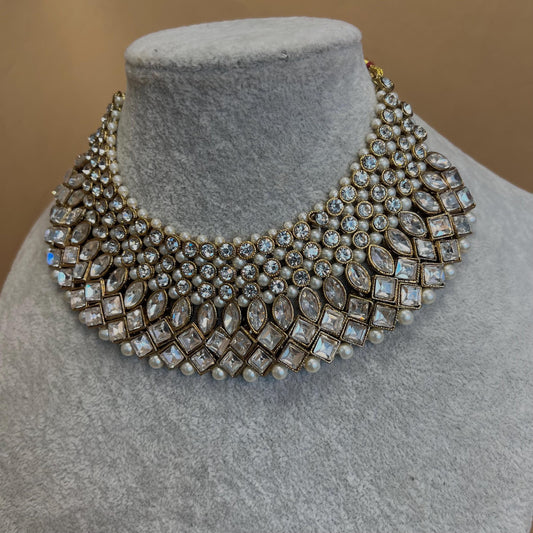 Stunning Necklace Set - Antique Gold and Silver/ Clear/ Reception/ Wedding/ Civil/Simple Set