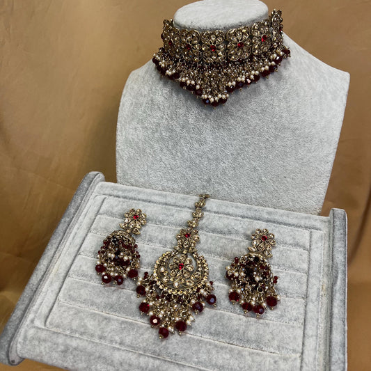 Maroon Bridal Choker Necklace set with Earring, Tikka and Jhumar Indian/ Pakistani Style/ Wedding/ Antique Gold/ Champagne Crystals
