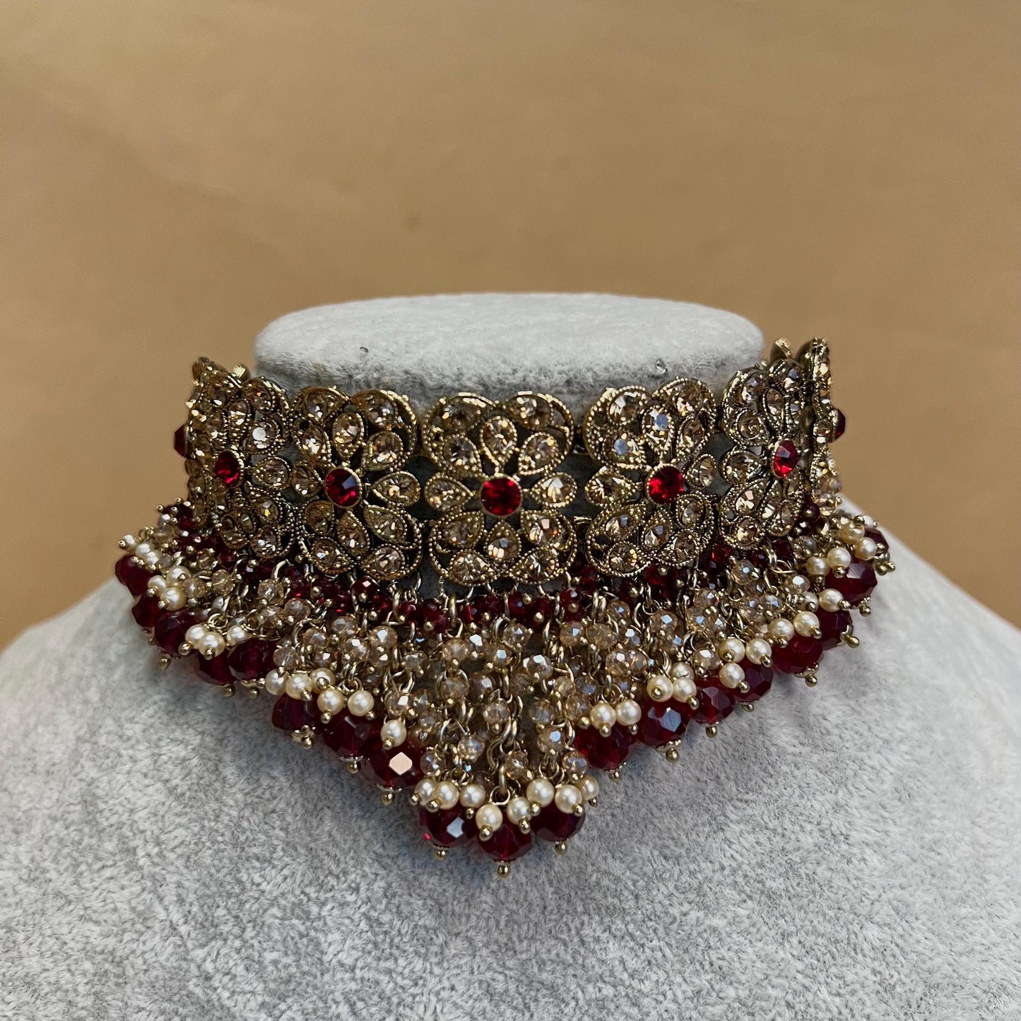 Maroon Bridal Choker Necklace set with Earring, Tikka and Jhumar Indian/ Pakistani Style/ Wedding/ Antique Gold/ Champagne Crystals