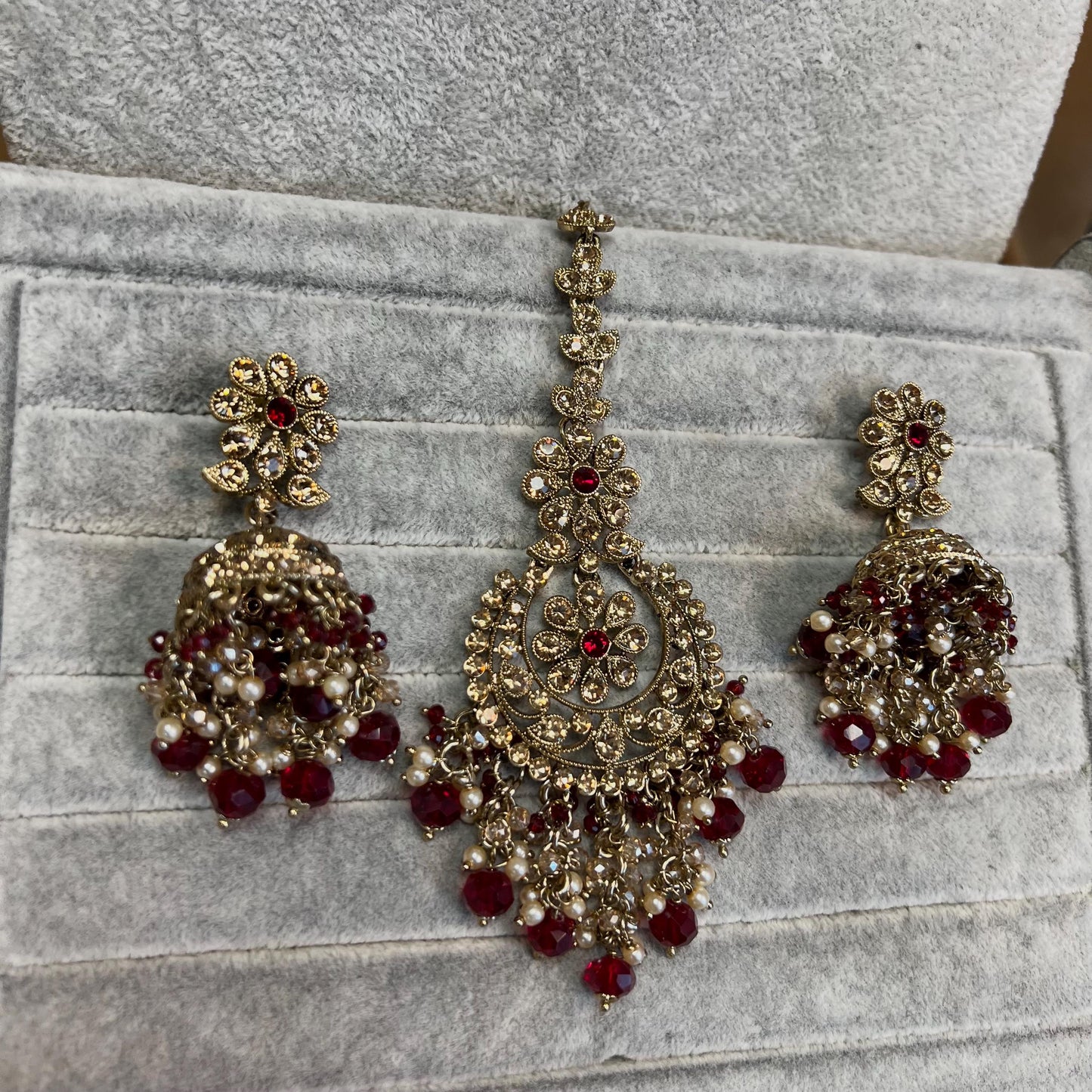 Maroon Bridal Choker Necklace set with Earring, Tikka and Jhumar Indian/ Pakistani Style/ Wedding/ Antique Gold/ Champagne Crystals