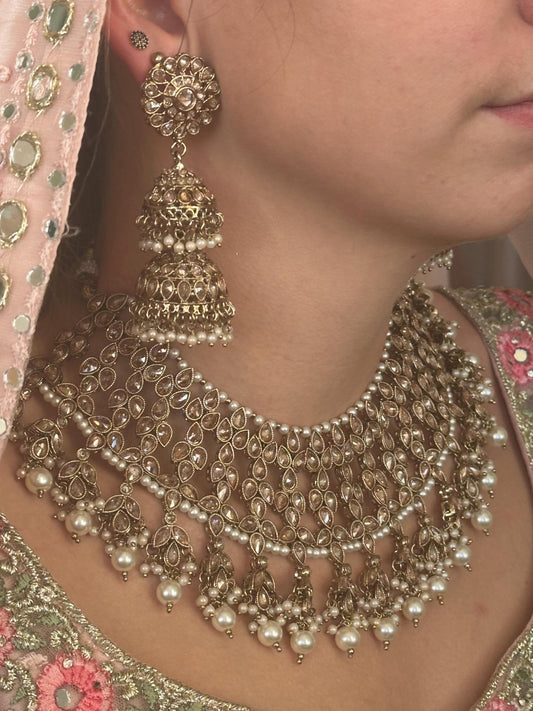Pearl Necklace Bridal Set , Antique gold with Champagne Zircon Crystals- Indian/ Pakistani Style/Bridal set/Wedding/ Gold/ Jhumka earring