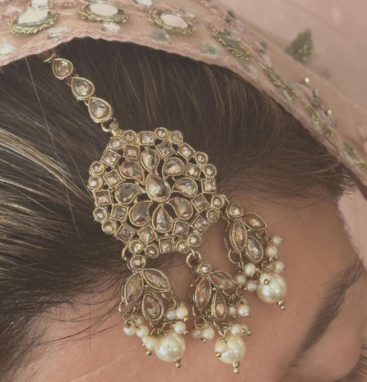 Medium Pearl Antique Gold With Champagne Zircon Crystals/Tikka Only / Tikli/ Indian/ Pakistani Fashion Jewellery/Maang Tikkas