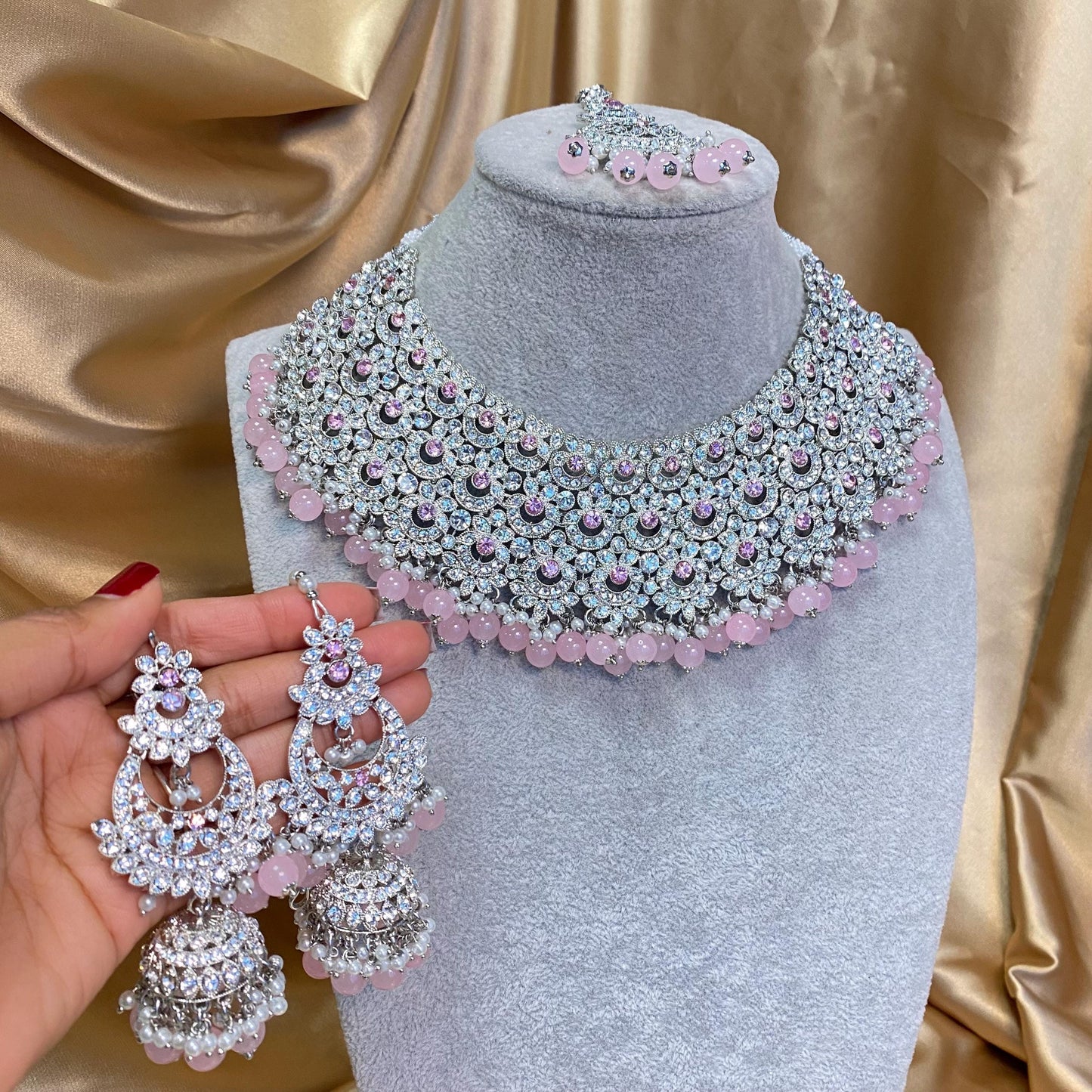 Pink Silver Bridal Set - Indian/ Pakistani Style With Jhumka earring, Tikka/Tikli/ Wedding/ Fashion Jewellery/ Necklace set